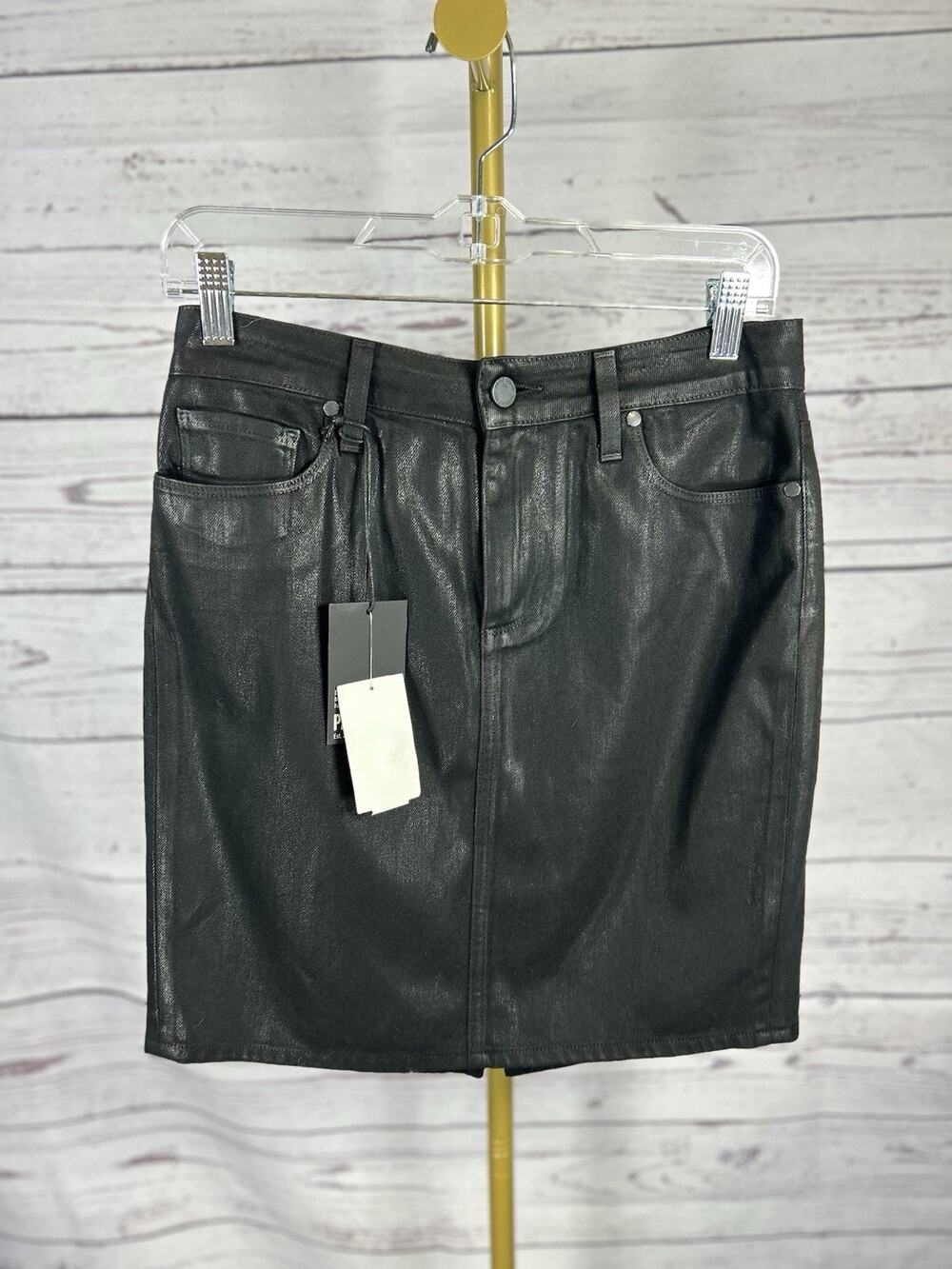 PAIGE Aideen Coated Denim Mini Moto Skirt Black Size 29 NWT